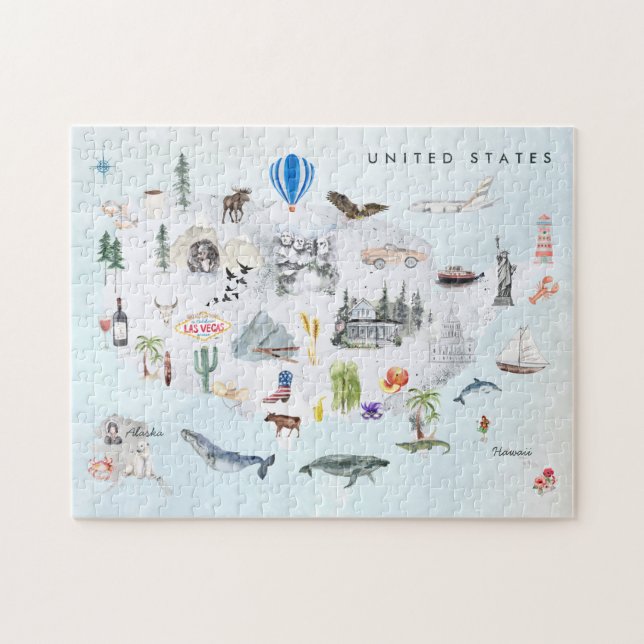 America | Watercolor Illustrated USA Map Jigsaw Puzzle (Horizontal)