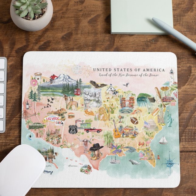 America | Watercolor Illustrated USA Map Mouse Pad (Creator Uploaded)