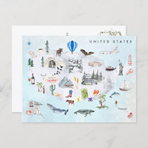 America   Watercolor Illustrated USA Map Postcard