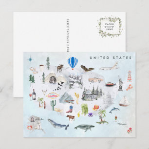 America Watercolor Illustrated USA Map Postcard