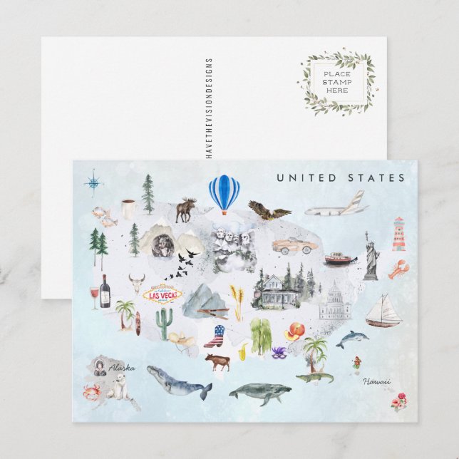 America | Watercolor Illustrated USA Map Postcard (Front/Back)