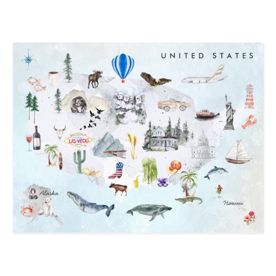 America | Watercolor Illustrated USA Map Postcard
