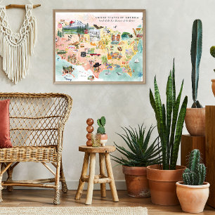 America Watercolor Illustrated USA Map Poster