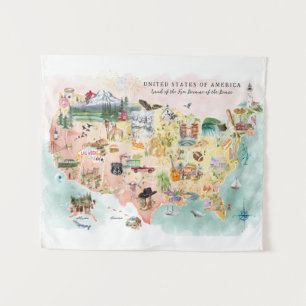 America Watercolor Illustrated USA Map Tapestry