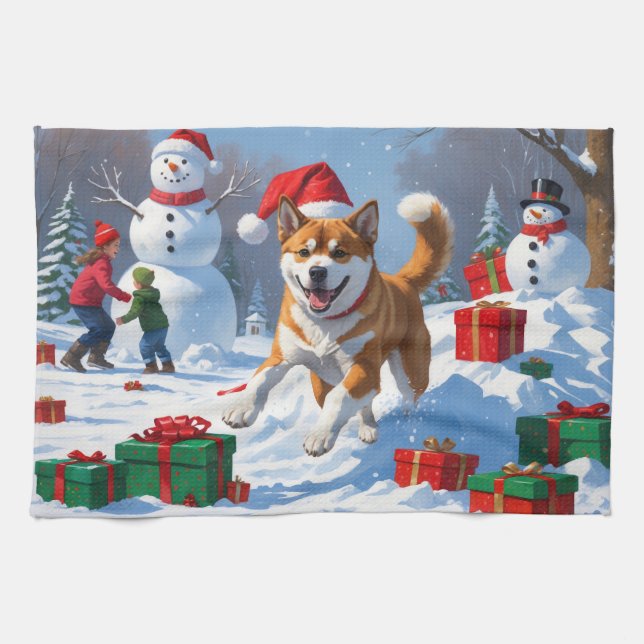 American Akita Christmas Festive Snow Scene Kitchen Towel (Horizontal)