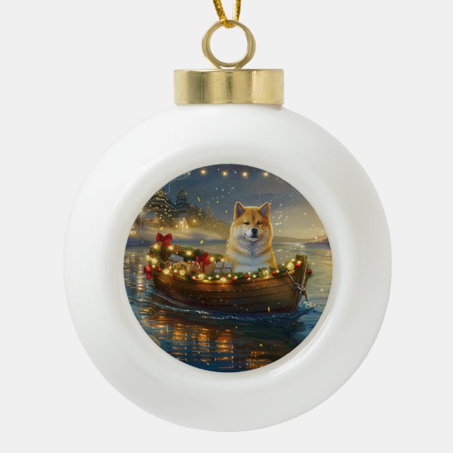 American Akita Christmas Festive Voyage Ceramic Ball Christmas Ornament (Front)
