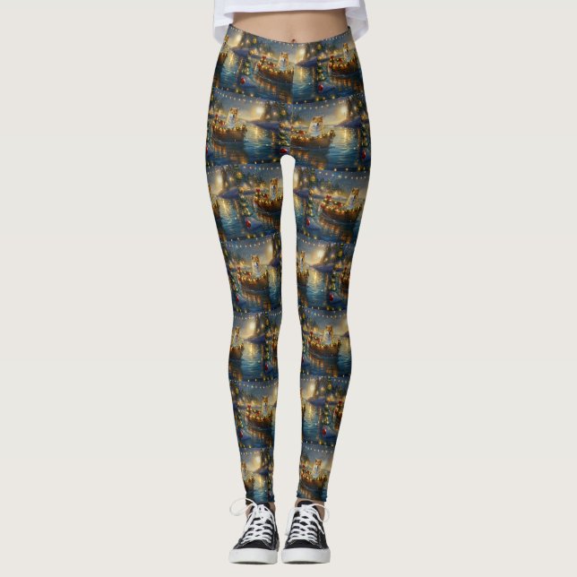 American Akita Christmas Festive Voyage Leggings (Front)