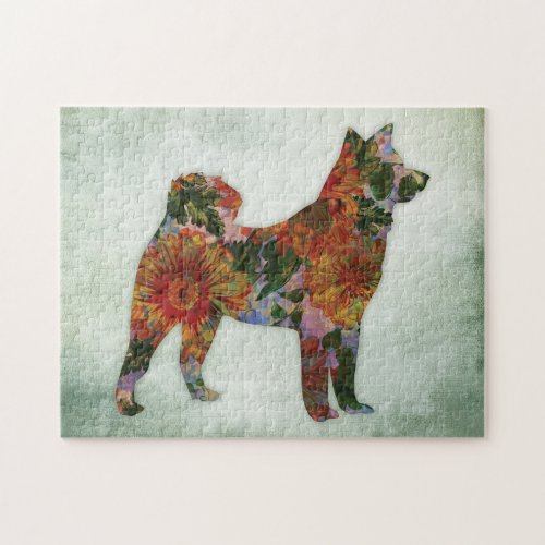American Akita Dog Floral On Green Jigsaw Puzzle