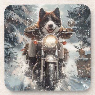 American Akita Dog Riding Motorcycle Christmas Beverage Coaster