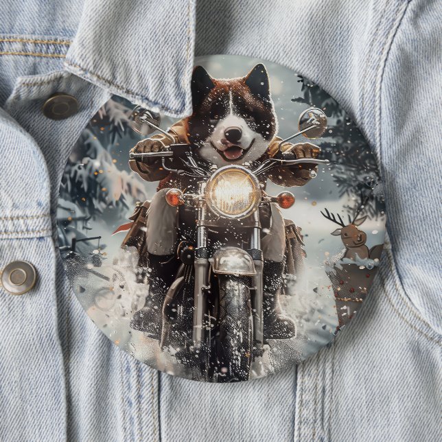 American Akita Dog Riding Motorcycle Christmas  Button (In Situ)