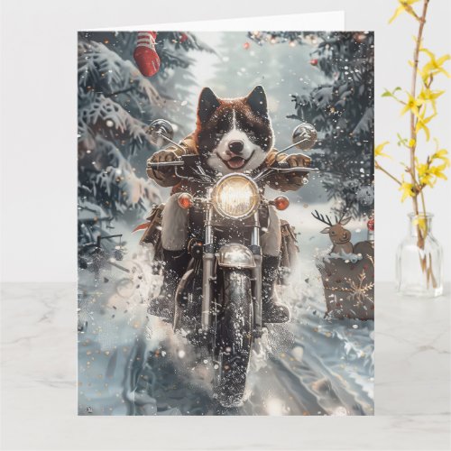 American Akita Dog Riding Motorcycle Christmas  Card