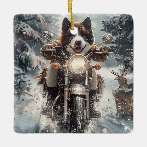 American Akita Dog Riding Motorcycle Christmas  Ceramic Ornament