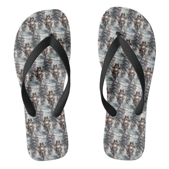 American Akita Dog Riding Motorcycle Christmas  Flip Flops (Footbed)