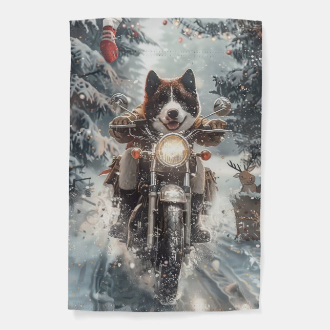 American Akita Dog Riding Motorcycle Christmas  Garden Flag (Front)