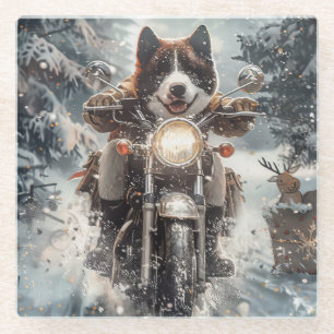 American Akita Dog Riding Motorcycle Christmas Glass Coaster