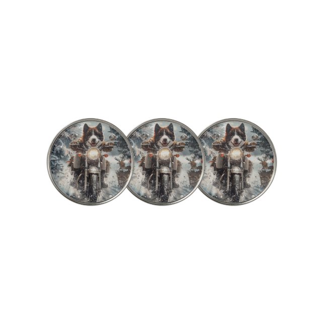 American Akita Dog Riding Motorcycle Christmas  Golf Ball Marker (3 Up)