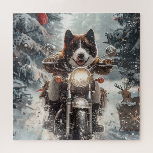 American Akita Dog Riding Motorcycle Christmas  Jigsaw Puzzle