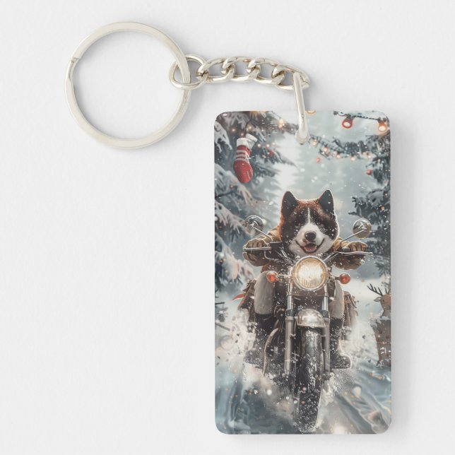 American Akita Dog Riding Motorcycle Christmas  Keychain (Front)