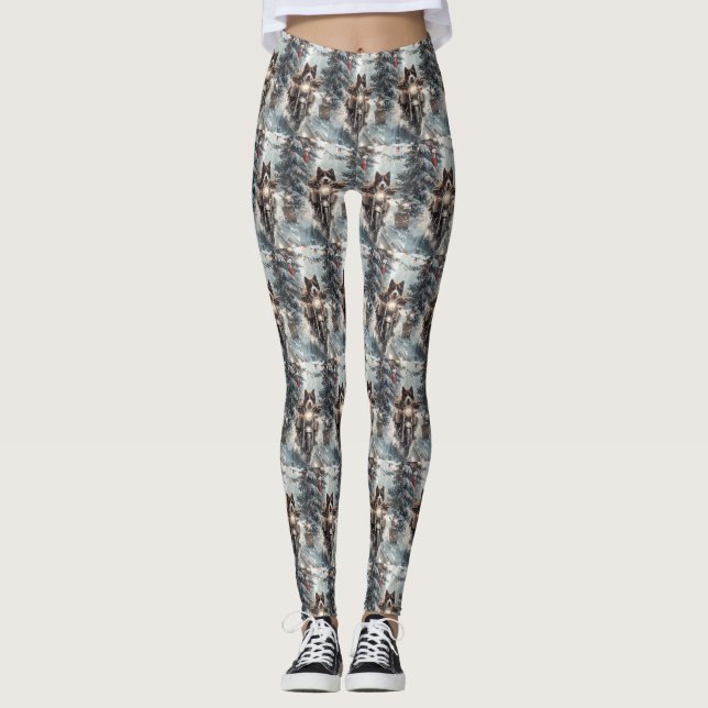 American Akita Dog Riding Motorcycle Christmas  Leggings (Front)