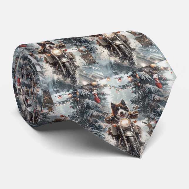 American Akita Dog Riding Motorcycle Christmas  Neck Tie (Rolled)