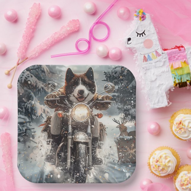 American Akita Dog Riding Motorcycle Christmas  Paper Plates (Party)