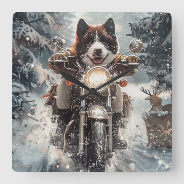 American Akita Dog Riding Motorcycle Christmas  Square Wall Clock (Front)