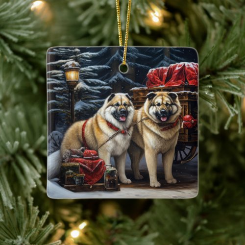 American Akita Snowy Sleigh Ride Christmas Decor Ceramic Ornament