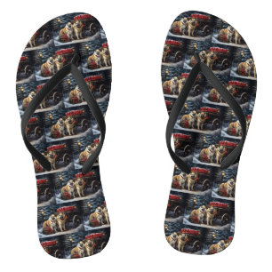 American Akita Snowy Sleigh Ride Christmas Decor Flip Flops