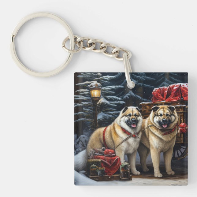 American Akita Snowy Sleigh Ride Christmas Decor Keychain (Front)