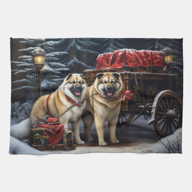 American Akita Snowy Sleigh Ride Christmas Decor Kitchen Towel (Horizontal)