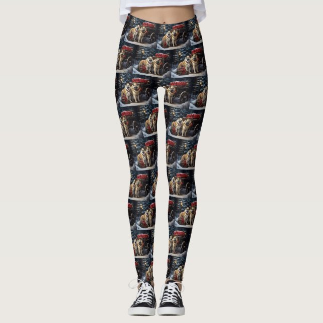 American Akita Snowy Sleigh Ride Christmas Decor Leggings (Front)