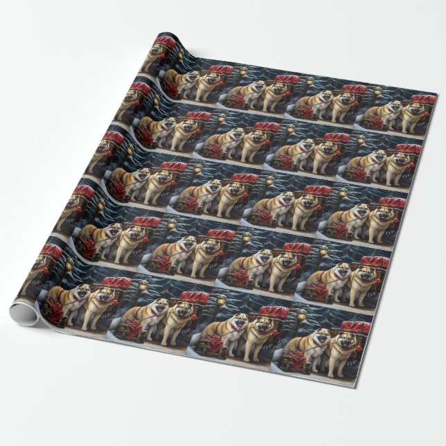 American Akita Snowy Sleigh Ride Christmas Decor Wrapping Paper (Unrolled)