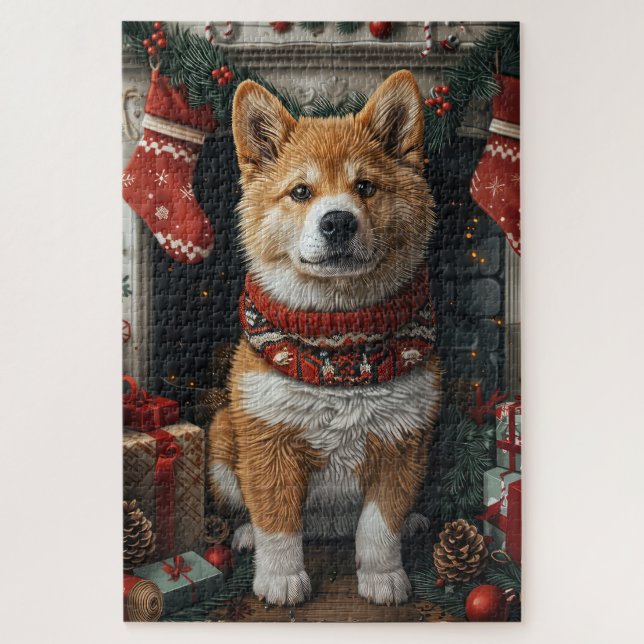 American Akita With Christmas Gifts Fireplace Jigsaw Puzzle (Vertical)