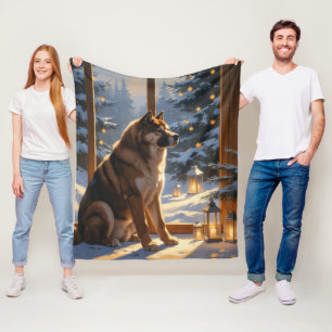 American Akita With Christmas Lights Holiday Fleece Blanket