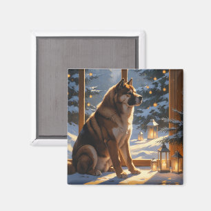American Akita With Christmas Lights Holiday Magnet