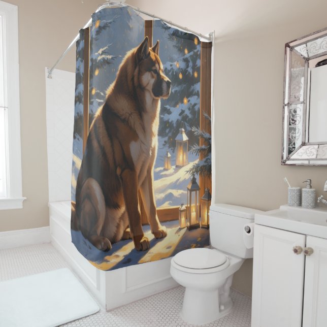 American Akita With Christmas Lights Holiday Shower Curtain (In Situ)
