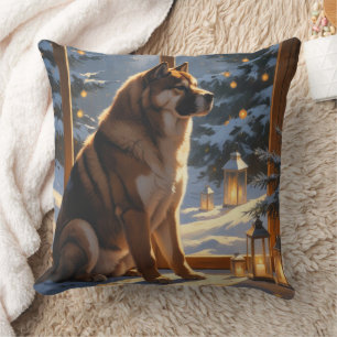 American Akita With Christmas Lights Holiday Throw Pillow