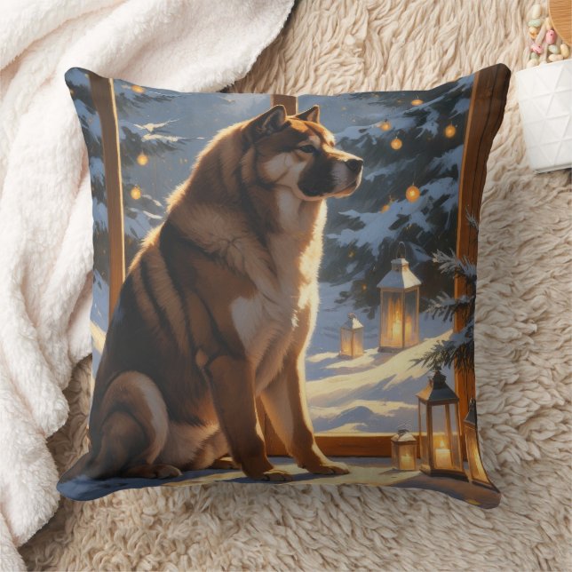 American Akita With Christmas Lights Holiday Throw Pillow (Blanket)