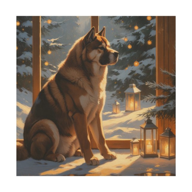 American Akita With Christmas Lights Holiday Wood Wall Art (Front)