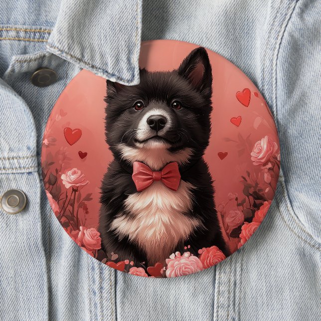 American Akita with Roses - Valentine's Day Button (In Situ)