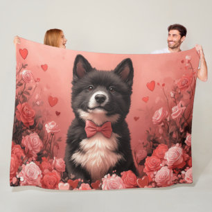 American Akita with Roses - Valentine's Day Fleece Blanket