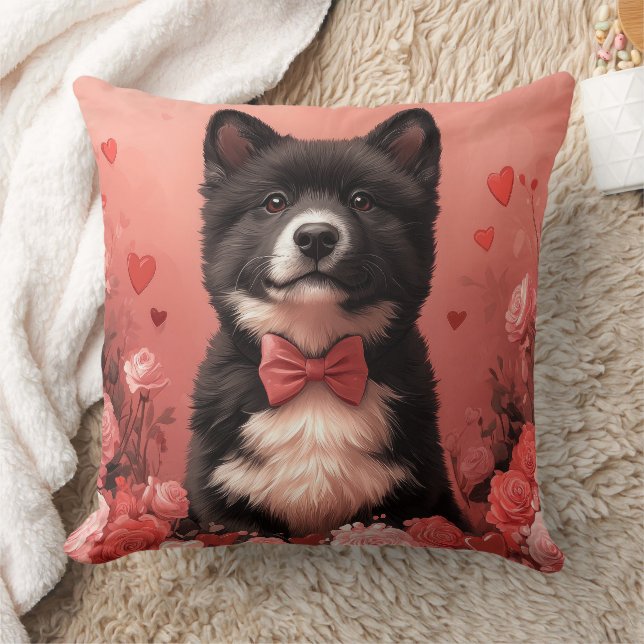 American Akita with Roses - Valentine's Day Throw Pillow (Blanket)