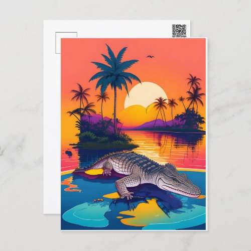 American aligator sunset palm tree background postcard