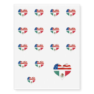 American and Mexican Flags in Heart Wedding Temporary Tattoos