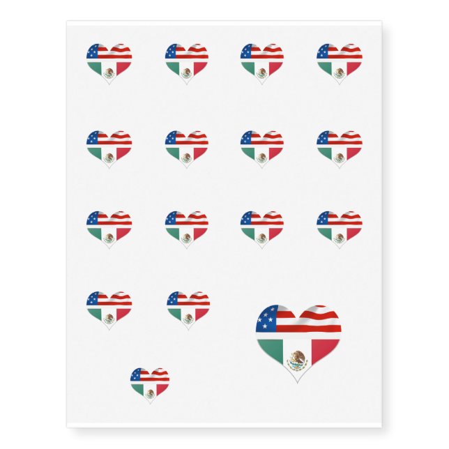 American and Mexican Flags in Heart Wedding Temporary Tattoos (Front)