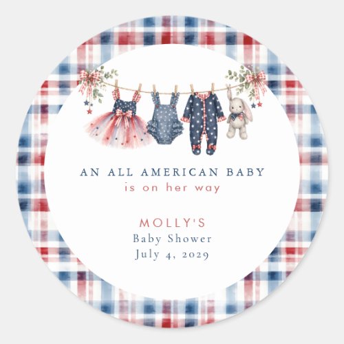 American Baby Patriotic Clothesline Baby Shower  Classic Round Sticker