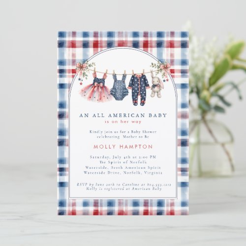American Baby Patriotic Clothesline Baby Shower Invitation