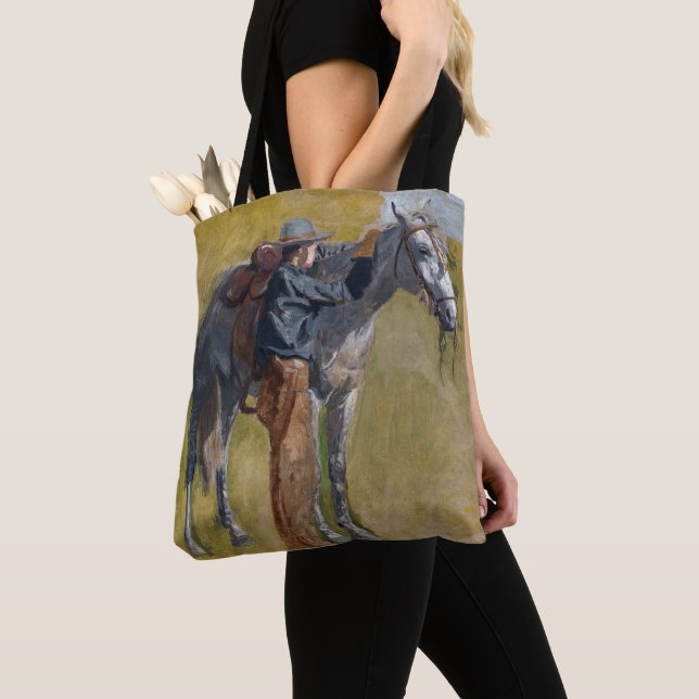 American Badlands: Old West Cowboy with Horse Tote Bag (Close Up)