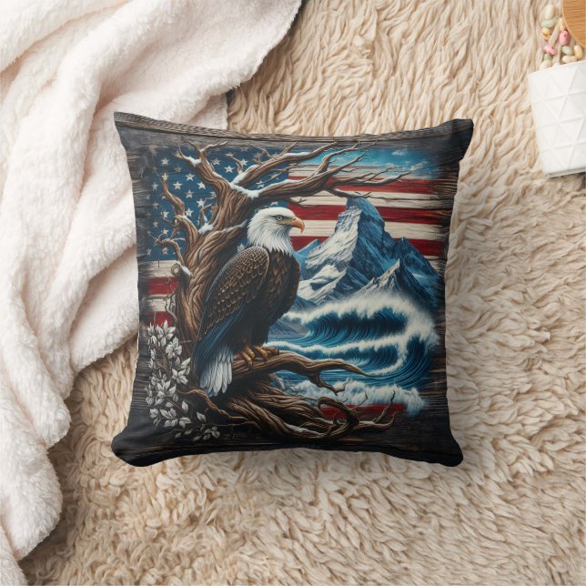 American Bald Eagle Against Mountain Backdrop Throw Pillow (Blanket)