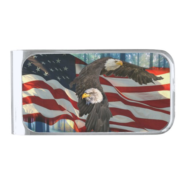 American Bald Eagle American Flag Silver Finish Money Clip (Front)